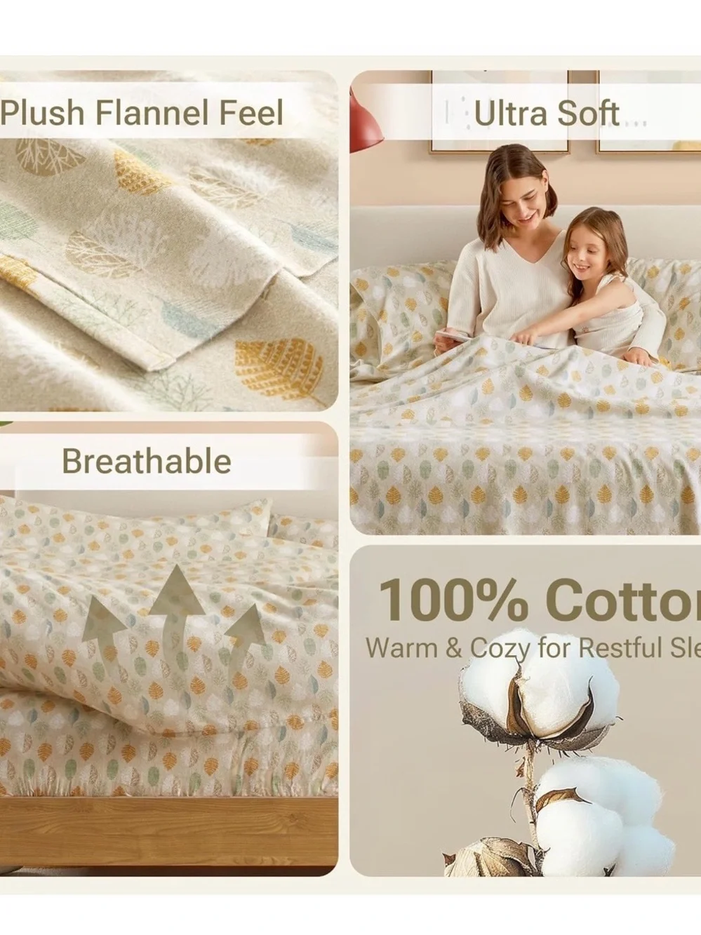 Cozy Leaf Print Cotton Flannel Sheet Set twin XL